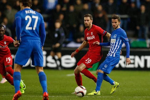Astra Giurgiu s Florin Lovin and Genk s Siebe Schrijvers fight for the ball during a game between Belgian soccer team RC Genk and Romanian Club Astra Giurgiu, return leg of the 1 16 finals of the Europa League competition Thursday 23 February 2017, in Genk. First leg result was 2-2. BRUNOxFAHY  x05053410x