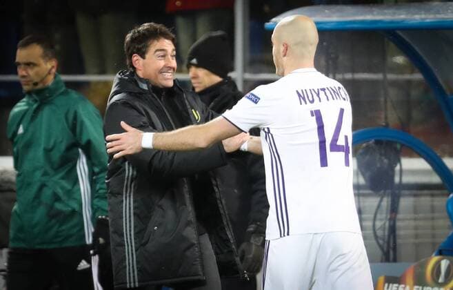 Anderlecht s head coach Rene Weiler and Anderlecht s Bram Nuytinck celebrate after winning the qualification to next round with 3-0 at a game between Russian team FC Zenit and Belgian soccer team RSC Anderlecht, return leg of the 1 16 finals of the Europa League competition, Thursday 23 February 2017, in Saint Petersburg, Russia. Anderlecht won 2-0 the first leg. VIRGINIExLEFOUR  x05053444x