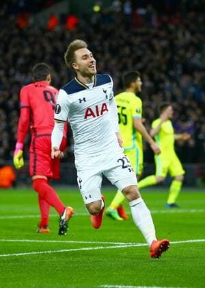 February 23rd 2017, Wembley Stadium, London, England; UEFA Europa League football, 2nd leg, Tottenham Hotspur versus KAA Gent; Christian Eriksen of Tottenham celebrates after he slots his shot past Gent Goalkeeper Lovre Kalinic to make it 1-0 Tottenham xMarkxKertonx  ActionPlus11849482