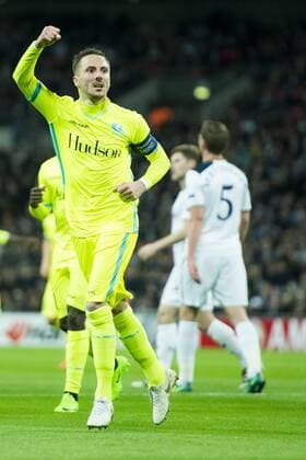 Gent s Danijel Milicevic celebrates after scoring the 1-1 goal during a game between British team Tottenham and Belgian soccer team KAA Gent, return leg of the 1 16 finals of the Europa League competition, in Wembley stadium, London, Thursday 23 February 2017. Gent won the first leg 1-0. JASPERxJACOBS  x05053451x