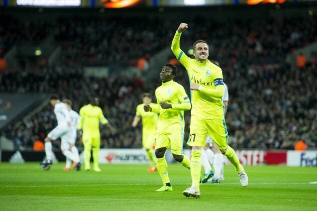 Gent s Danijel Milicevic celebrates after scoring the 1-1 goal during a game between British team Tottenham and Belgian soccer team KAA Gent, return leg of the 1 16 finals of the Europa League competition, in Wembley stadium, London, Thursday 23 February 2017. Gent won the first leg 1-0. JASPERxJACOBS  x05053452x