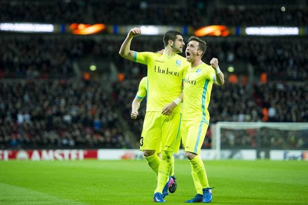 Gent s Stefan Mitrovic and Gent s Brecht Dejaegere celebrate during a game between British team Tottenham and Belgian soccer team KAA Gent, return leg of the 1 16 finals of the Europa League competition, in Wembley stadium, London, Thursday 23 February 2017. Gent won the first leg 1-0. JASPERxJACOBS  x05053454x