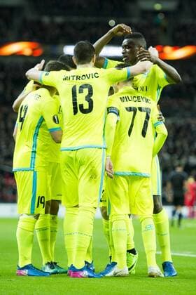 Gent s Danijel Milicevic celebrates with teammates after scoring the 1-1 goal during a game between British team Tottenham and Belgian soccer team KAA Gent, return leg of the 1 16 finals of the Europa League competition, in Wembley stadium, London, Thursday 23 February 2017. Gent won the first leg 1-0. JASPERxJACOBS  x05053459x