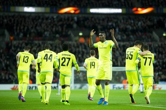 Gent s Danijel Milicevic celebrates with teammates after scoring the 1-1 goal during a game between British team Tottenham and Belgian soccer team KAA Gent, return leg of the 1 16 finals of the Europa League competition, in Wembley stadium, London, Thursday 23 February 2017. Gent won the first leg 1-0. JASPERxJACOBS  x05053455x