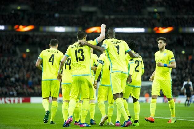 Gent s Danijel Milicevic celebrates with teammates after scoring the 1-1 goal during a game between British team Tottenham and Belgian soccer team KAA Gent, return leg of the 1 16 finals of the Europa League competition, in Wembley stadium, London, Thursday 23 February 2017. Gent won the first leg 1-0. JASPERxJACOBS  x05053458x