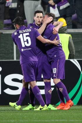 Fußball, EL, AC Florenz - Borussia Mönchengladbach Nikola Kalinic Fiorentina Federico Bernardeschi Fiorentina goal celebration Fiorentina Firenze 23-02-2017 Stadio Artemio Franchi Fiorentina - Borussia Mönchengladbach Fiorentina - Borussia M gladbach Europa League 2016 2017 - Round of 16 2nd leg lucaxpagliaricci