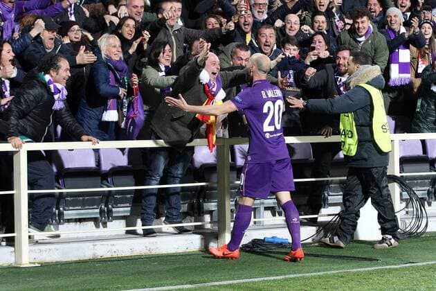Fußball, EL, AC Florenz - Borussia Mönchengladbach Iglesias Borja Valero Fiorentina goal celebration Fiorentina Firenze 23-02-2017 Stadio Artemio Franchi Fiorentina - Borussia Mönchengladbach Fiorentina - Borussia M gladbach Europa League 2016 2017 - Round of 16 2nd leg lucaxpagliaricci