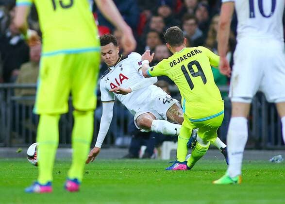 February 23rd 2017, Wembley Stadium, London, England; UEFA Europa League football, 2nd leg, Tottenham Hotspur versus KAA Gent; Dele Alli of Tottenham with an over the ball bad challenge on Brecht Dejaegere of Gent and is shown a straight Red Card in the 39th minute by Referee Manuel de Sousa xMarkxKertonx  ActionPlus11849490