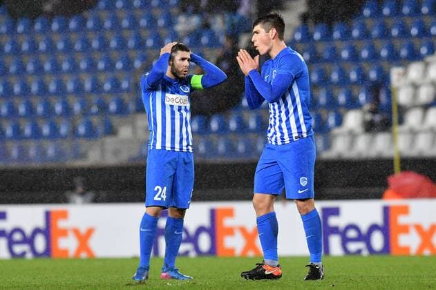 Genk s Ruslan Malinovsky and Genk s Alejandro Pozuelo reacts during a game between Belgian soccer team RC Genk and Romanian Club Astra Giurgiu, return leg of the 1 16 finals of the Europa League competition Thursday 23 February 2017, in Genk. First leg result was 2-2. LUCxCLAESSEN  x05053516x