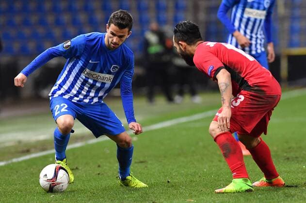 Genk s Siebe Schrijvers pictured in action during a game between Belgian soccer team RC Genk and Romanian Club Astra Giurgiu, return leg of the 1 16 finals of the Europa League competition Thursday 23 February 2017, in Genk. First leg result was 2-2. LUCxCLAESSEN  x05053541x