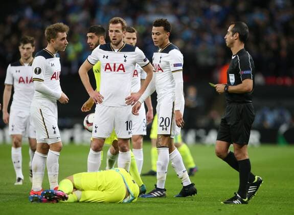 Tottenham s Dele Alli gets sent off during the Europa League Round of 32 Cup match at the Wembley Stadium, London. Picture date February 23rd, 2017 Pic David Klein Sportimage EDITORIAL USE ONLY. No use with unauthorised audio, video, data, fixture lists, club league logos or live services. Online in-match use limited to 120 images, no video emulation. No use in betting, games or single club league player publications.