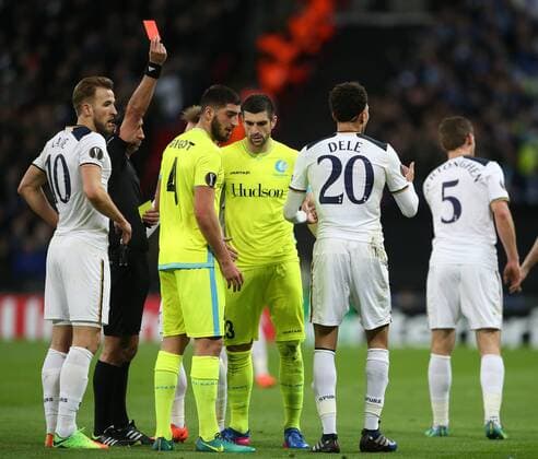 Tottenham s Dele Alli gets sent off during the Europa League Round of 32 Cup match at the Wembley Stadium, London. Picture date February 23rd, 2017 Pic David Klein Sportimage EDITORIAL USE ONLY. No use with unauthorised audio, video, data, fixture lists, club league logos or live services. Online in-match use limited to 120 images, no video emulation. No use in betting, games or single club league player publications.