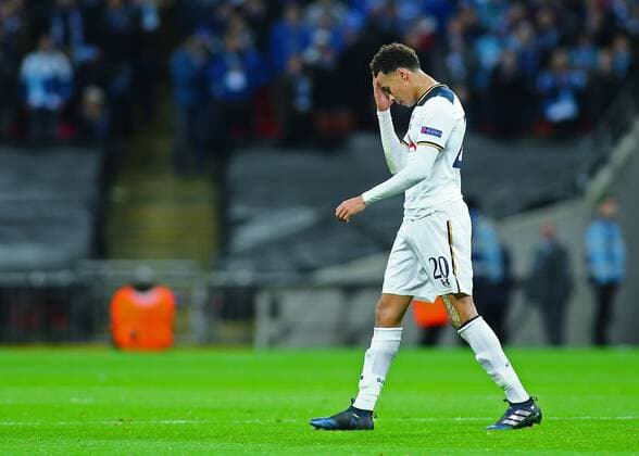 February 23rd 2017, Wembley Stadium, London, England; UEFA Europa League football, 2nd leg, Tottenham Hotspur versus KAA Gent; Dele Alli of Tottenham leaves the field as he is shown a straight Red Card in the 39th minute by Referee Manuel de Sousa, for a bad challenge on Brecht Dejaegere of Gent xMarkxKertonx  ActionPlus11849498