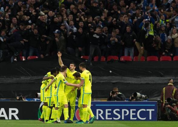 KAA Gent player celebrates after Spurs score an own goal during the UEFA Europa League Round of 32 Game 2 match between Tottenham Hotspur and Gent at Wembley Stadium, London, England on 23 February 2017. Copyright: xVincexxMignottx 14290011