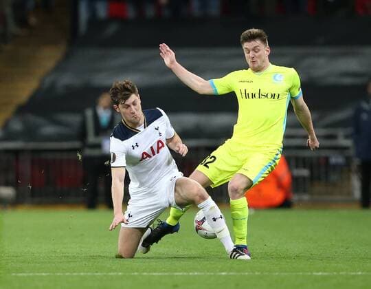 Tottenham s Ben Davies tackles Gent s Thomas Foket during the Europa League Round of 32 Cup match at the Wembley Stadium, London. Picture date February 23rd, 2017 Pic David Klein Sportimage EDITORIAL USE ONLY. No use with unauthorised audio, video, data, fixture lists, club league logos or live services. Online in-match use limited to 120 images, no video emulation. No use in betting, games or single club league player publications.