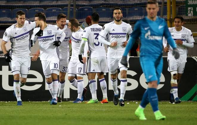 ST PETERSBURG, RUSSIA - FEBRUARY 23, 2017: RSC Anderlecht Brusselsâ€™ players celebrate scoring in their 2016-17 UEFA Europa League Round of 32, 2nd leg football match against Zenit St Petersburg at Petrovsky Stadium. Zenit St Petersburg won the game 3-1. Alexander Demianchuk TASS  TS042652