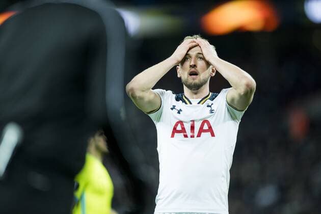 Tottenham s forward Harry Kane reacts during a game between British team Tottenham and Belgian soccer team KAA Gent, return leg of the 1 16 finals of the Europa League competition, in Wembley stadium, London, Thursday 23 February 2017. Gent won the first leg 1-0. JASPERxJACOBS  x05053559x