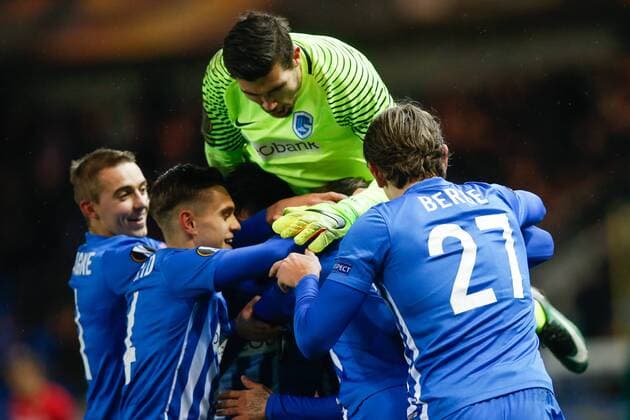 Genk s Alejandro Pozuelo celebrates after scoring during a game between Belgian soccer team RC Genk and Romanian Club Astra Giurgiu, return leg of the 1 16 finals of the Europa League competition Thursday 23 February 2017, in Genk. First leg result was 2-2. BRUNOxFAHY  x05053577x