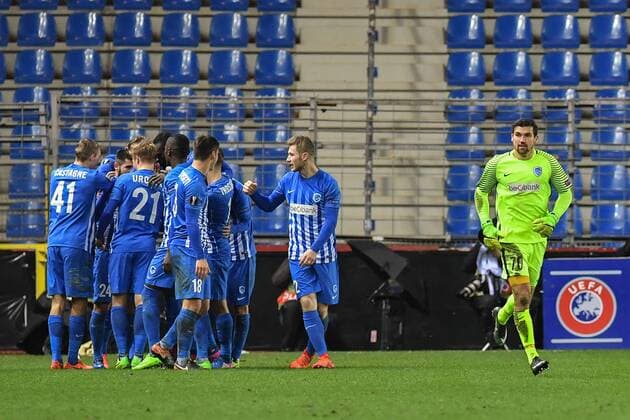 Genk s players celebrate after scoring during a game between Belgian soccer team RC Genk and Romanian Club Astra Giurgiu, return leg of the 1 16 finals of the Europa League competition Thursday 23 February 2017, in Genk. First leg result was 2-2. LUCxCLAESSEN  x05053578x