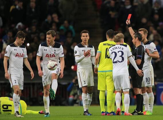 Dele Alli of Tottenham Hotspur is shown a red card during the UEFA Europa League Round of 32, Game 2 match between Tottenham Hotspur and KAA Gent played at Wembley , London on 23rd February 2017  mze_Tottenham_v_Gent_005