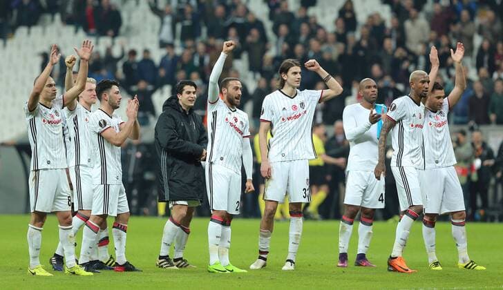 UEFA Europa League match between Besiktas and Hapoel Beer Sheva at Vodafone Arena in Istanbul , Turkey on February 23, 2017. Final Score : Besiktas 2 - Hapoel Beer Sheva 1 Pictured: Besiktas team players and Coach Senol Gunes celebrates after the match. 