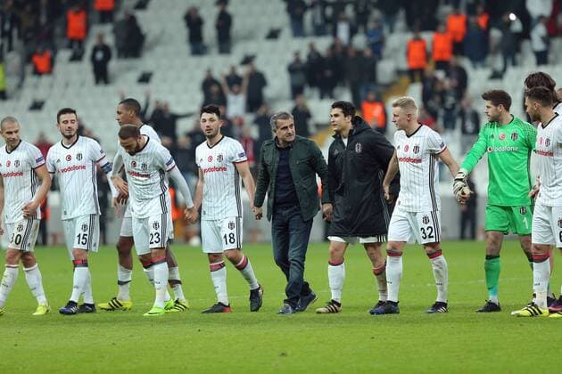 UEFA Europa League match between Besiktas and Hapoel Beer Sheva at Vodafone Arena in Istanbul , Turkey on February 23, 2017. Final Score : Besiktas 2 - Hapoel Beer Sheva 1 Pictured: Besiktas team players and Coach Senol Gunes celebrates after the match. 