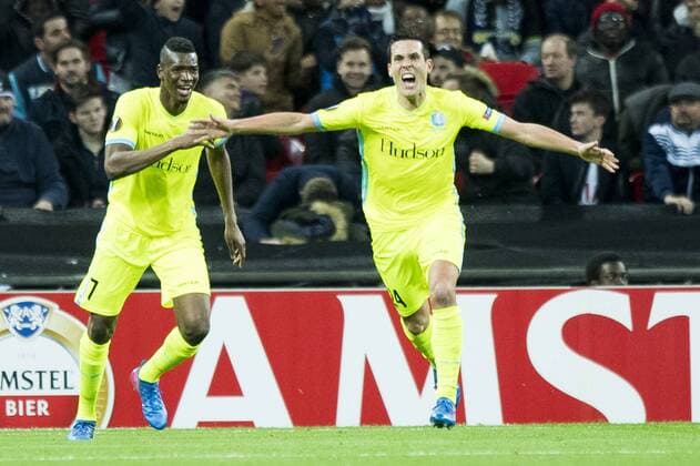Gent s Kalifa Coulibaly and Gent s Jeremy Perbet celebrate after scoring during a game between British team Tottenham and Belgian soccer team KAA Gent, return leg of the 1 16 finals of the Europa League competition, in Wembley stadium, London, Thursday 23 February 2017. Gent won the first leg 1-0. JASPERxJACOBS  x05053598x
