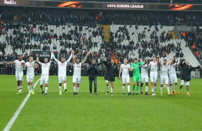 UEFA Europa League match between Besiktas and Hapoel Beer Sheva at Vodafone Arena in Istanbul , Turkey on February 23, 2017. Final Score : Besiktas 2 - Hapoel Beer Sheva 1 Pictured: Besiktas team players and Coach Senol Gunes celebrates after the match. 