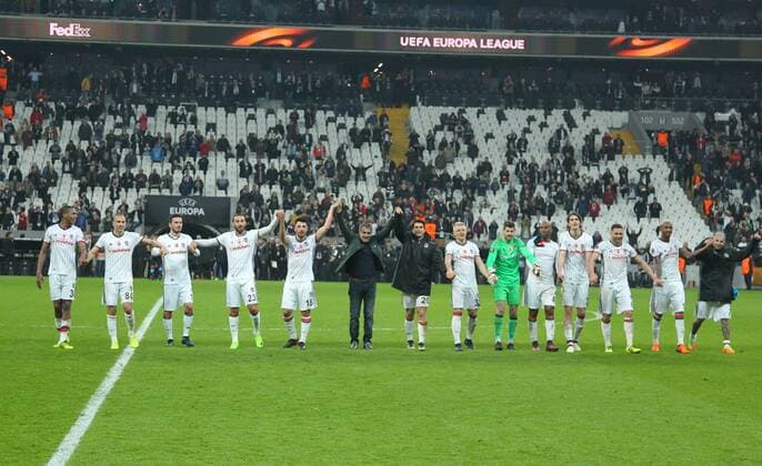 UEFA Europa League match between Besiktas and Hapoel Beer Sheva at Vodafone Arena in Istanbul , Turkey on February 23, 2017. Final Score : Besiktas 2 - Hapoel Beer Sheva 1 Pictured: Besiktas team players and Coach Senol Gunes celebrates after the match. 