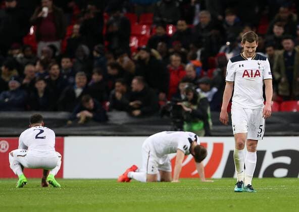 Tottenham s Jan Vertonghen looks on dejected after Gent s second goal during the Europa League Round of 32 Cup match at the Wembley Stadium, London. Picture date February 23rd, 2017 Pic David Klein Sportimage EDITORIAL USE ONLY. No use with unauthorised audio, video, data, fixture lists, club league logos or live services. Online in-match use limited to 120 images, no video emulation. No use in betting, games or single club league player publications.