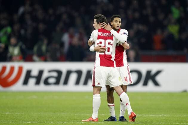 (L-R) Nick Viergever of Ajax, Jairo Riedewald of Ajaxduring the UEFA Europa League round of 16 match between Ajax Amsterdam and Legia Warsaw at the Amsterdam Arena on February 23, 2017 in Amsterdam, The Netherlands Ajax v Legia Warschau UEFA Europa League 2016 2017 xVIxxIVx 7185562