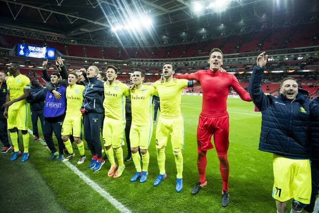 Gent s players celebrate after a game between British team Tottenham and Belgian soccer team KAA Gent, return leg of the 1 16 finals of the Europa League competition, in Wembley stadium, London, Thursday 23 February 2017. Gent won the first leg 1-0. JASPERxJACOBS  x05053667x