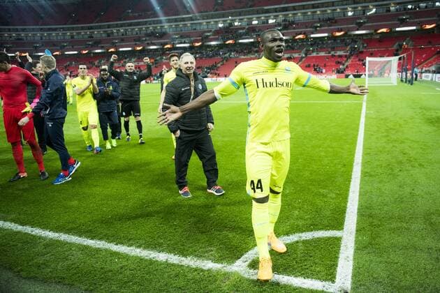 Gent s Anderson Esiti celebrate after a game between British team Tottenham and Belgian soccer team KAA Gent, return leg of the 1 16 finals of the Europa League competition, in Wembley stadium, London, Thursday 23 February 2017. Gent won the first leg 1-0. JASPERxJACOBS  x05053669x