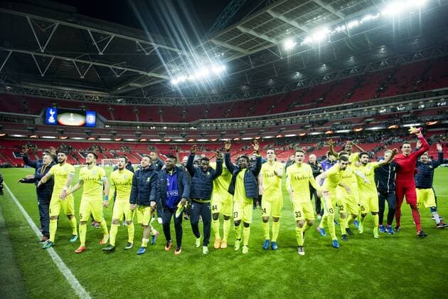 Gent s players celebrate after a game between British team Tottenham and Belgian soccer team KAA Gent, return leg of the 1 16 finals of the Europa League competition, in Wembley stadium, London, Thursday 23 February 2017. Gent won the first leg 1-0. JASPERxJACOBS  x05053673x
