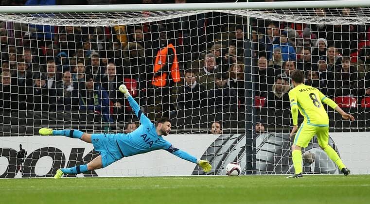 Tottenham s Hugo Lloris gets beaten for Gent s second goal during the Europa League Round of 32 Cup match at the Wembley Stadium, London. Picture date February 23rd, 2017 Pic David Klein Sportimage EDITORIAL USE ONLY. No use with unauthorised audio, video, data, fixture lists, club league logos or live services. Online in-match use limited to 120 images, no video emulation. No use in betting, games or single club league player publications.