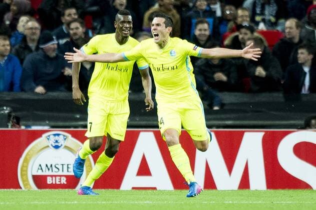 Gent s Kalifa Coulibaly and Gent s Jeremy Perbet celebrate after scoring during a game between British team Tottenham and Belgian soccer team KAA Gent, return leg of the 1 16 finals of the Europa League competition, in Wembley stadium, London, Thursday 23 February 2017. Gent won the first leg 1-0. JASPERxJACOBS  x05053698x