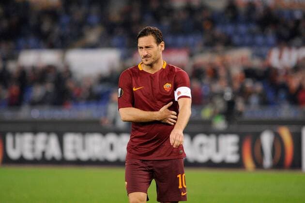 February 23rd 2017, Stadi Olimpico, Rome, Italy, UEFA Europa League, AS Roma versus Villareal; Francesco Totti feels his ribs after a strong challenge xActivaxFotox  ActionPlus11849579