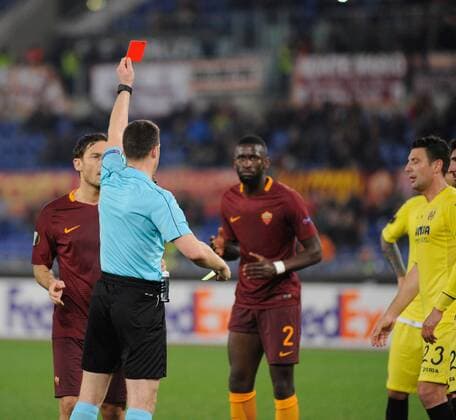 February 23rd 2017, Stadi Olimpico, Rome, Italy, UEFA Europa League, AS Roma versus Villareal; Antonio R& xfc;diger is shown a red card and ejected from the game in the 81st minute as Roma lose at home xActivaxFotox  ActionPlus11849582