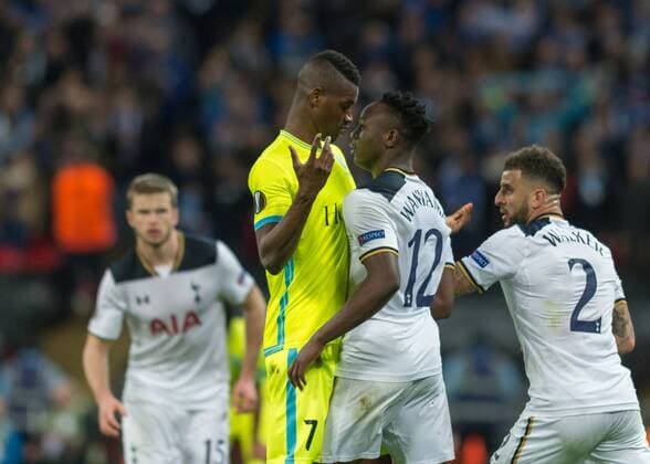 Kalifa Coulibaly of KAA Gent and Victor Wanyama of Tottenham Hotspur square up during the UEFA Europa League Round of 32 Game 2 match between Tottenham Hotspur and Gent at Wembley Stadium, London, England on 23 February 2017. Copyright: xVincexxMignottx 14290038