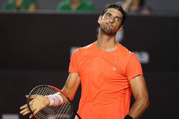 (170224) -- RIO DE JANEIRO, Feb. 24, 2017 -- Thomaz Bellucci of Brazil reacts during the singles 2nd round match against Thiago Monteiro of Brazil at the 2017 ATP Tennis Herren Rio Open tennis tournament held at the Brazilian Jockey Club in Rio de Janeiro, Brazil, on Feb. 23, 2017. Thomaz Bellucci lost 1-2. ) (SP)BRAZIL-RIO DE JANEIRO-TENNIS-ATP 500-RIO OPEN LixMing 