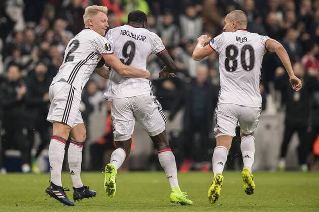 (L-R) Andreas Beck of Besiktas JK , Vincent Aboubakar of Besiktas JK , Gokhan Inler of Besiktas JKduring the UEFA Europa League round of 16 match between Besiktas JK and Hapoel Be’er Sheva on February 23, 2017 at the Vodafone Arena in Istanbul, Turkey Besiktas JK v Hapoel Be’er Sheva UEFA Europa League 2016 2017 xVIxGerritxvanxKeulenxIVx 7187937