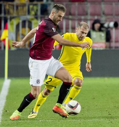 Sparta s Nestor Albiach, left, and Timofej Kalacev of Rostov in action during the Europa League round of 32 play off soccer match between AC Sparta Praha and FK Rostov in Prague, Czech Republic, on Thursday, February 23, 2017. (CTKxPhoto VitxSimanek) CTKPhotoP201702231196501  VIS 010