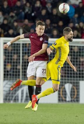 Sparta s Josef Sural, left, and Miha Mevlja of Rostov in action during the Europa League round of 32 play off soccer match between AC Sparta Praha and FK Rostov in Prague, Czech Republic, on Thursday, February 23, 2017. (CTKxPhoto VitxSimanek) CTKPhotoP201702231198001  VIS 011 K