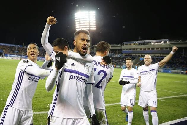 SAINT PETERSBURG, RUSSIA - 23 FEBRUARY : Isaac Kiese Thelin forward of RSC Anderlecht scores and celebrates during the match between Zenit St. Petersburg and Rsc Anderlecht - UEFA Europa League Round of 32: second Leg in St.Petersburg, Russia , 23 02 2017. FOOTBALL : Zenit Saint Petersbourg vs Anderlecht - Europa League - 23 02 2017 PhotoNews Panoramic  687875989