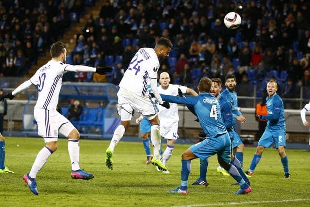 SAINT PETERSBURG, RUSSIA - 23 FEBRUARY : Isaac Kiese Thelin forward of RSC Anderlecht scores and celebrates during the match between Zenit St. Petersburg and Rsc Anderlecht - UEFA Europa League Round of 32: second Leg in St.Petersburg, Russia , 23 02 2017. FOOTBALL : Zenit Saint Petersbourg vs Anderlecht - Europa League - 23 02 2017 PhotoNews Panoramic  687875989