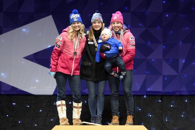Ski Nordisch, WM in Lahti, Siegerehrung im Langlauf-Sprint Jessica Diggins, USA, Maiken Caspersen Falla,, Kikkan Randall, USA - Lahti, Finnland - Nordische Ski WM, Langlauf.  Copyright: CARLxSANDIN BB170224CS093