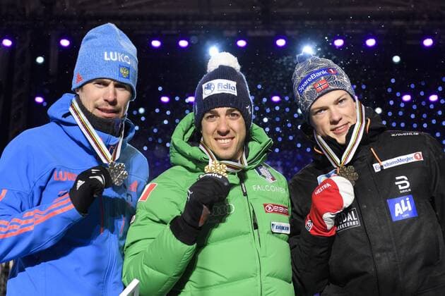 Ski Nordisch, WM in Lahti, Siegerehrung im Langlauf-Sprint Sergej Ustiugov, Federico Pellegrino, Italien,, Johannes Hösflot Kläbo - Lahti, Finnland - Nordische Ski WM, Langlauf.  Copyright: CARLxSANDIN BB170224CS096