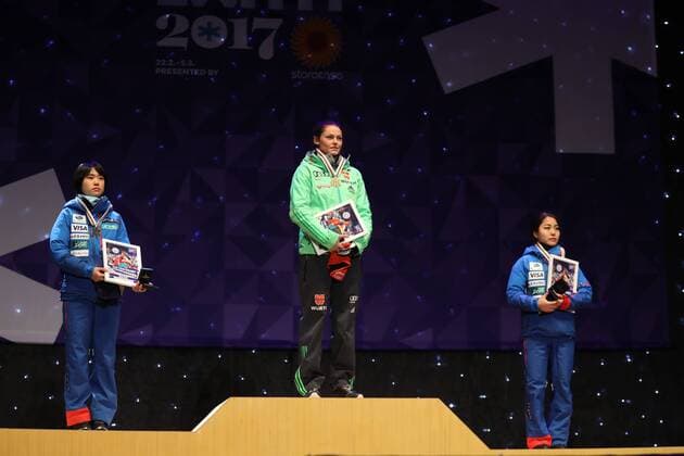 NORDIC SKIING - FIS WC Lahti 2017 LAHTI,FINLAND,25.FEB.17 - NORDIC SKIING, Ski jumping Skispringen Ski nordisch - FIS Nordic World Ski Championships, normal hill, ladies, award ceremony. Image shows Yuki Ito (JPN), Carina Vogt (GER) and Sara Takanashi (JPN). GEPAxpictures xDanielxGoetzhaber