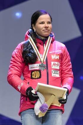 170225 Krista Parmakoski, Finland, - Langlauf Silber - Siegerehrung - Nordische SKI WM in Lahti.  Copyright: CARLxSANDIN BB170225CS183
