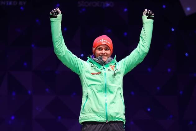 NORDIC SKIING - FIS WC Lahti 2017 LAHTI,FINLAND,25.FEB.17 - NORDIC SKIING, Ski jumping Skispringen Ski nordisch - FIS Nordic World Ski Championships, normal hill, ladies, award ceremony. Image shows the rejoicing of Carina Vogt (GER). Keywords: medal. GEPAxpictures xDanielxGoetzhaber